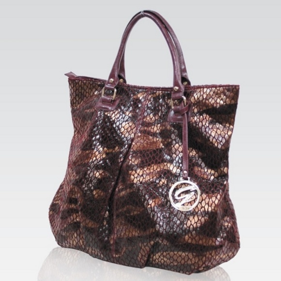 Galian Snakeskin Python Print Handbag Burgundy Bag - Picture 2 of 8